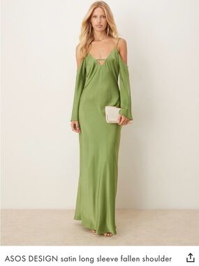 Olive Green Satin Cold-Shoulder Maxi Dress